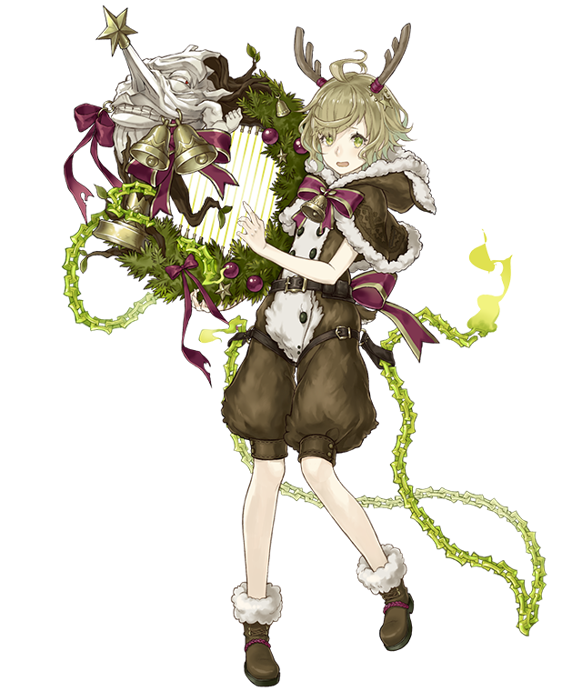 1boy ahoge animal_costume antlers bell belt boots capelet chains christmas christmas_ornaments eyebrows_visible_through_hair full_body fur_trim green_eyes green_hair grin harp instrument ji_no long_nose looking_at_viewer official_art pinocchio_(sinoalice) reindeer_antlers reindeer_costume ribbon sinoalice smile solo transparent_background
