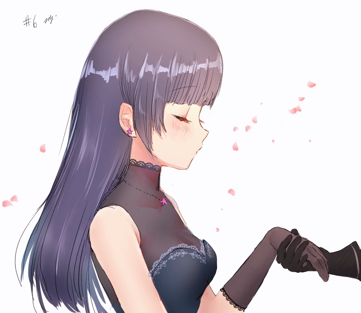 1girl bangs bare_shoulders black_gloves black_hair blunt_bangs blush breasts cleavage closed_eyes earrings ephemer_(kingdom_hearts) eyebrows_visible_through_hair gloves jewelry kingdom_hearts kingdom_hearts_unchained_x long_hair mizu_ramen necklace petals see-through simple_background skuld_(kingdom_hearts) sleeveless small_breasts solo_focus star star_earrings star_necklace straight_hair turtleneck white_background