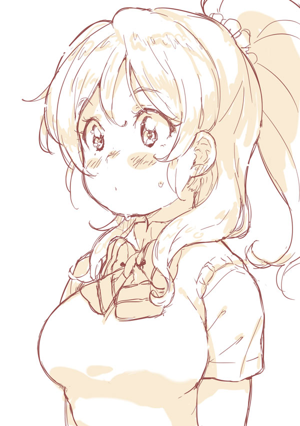 1girl ayase_eli blush bow bowtie collared_shirt hair_ornament hair_scrunchie love_live! love_live!_school_idol_project monochrome otonokizaka_school_uniform ponytail randou school_uniform scrunchie shirt short_sleeves sidelocks sketch solo striped striped_neckwear sweatdrop sweater_vest upper_body