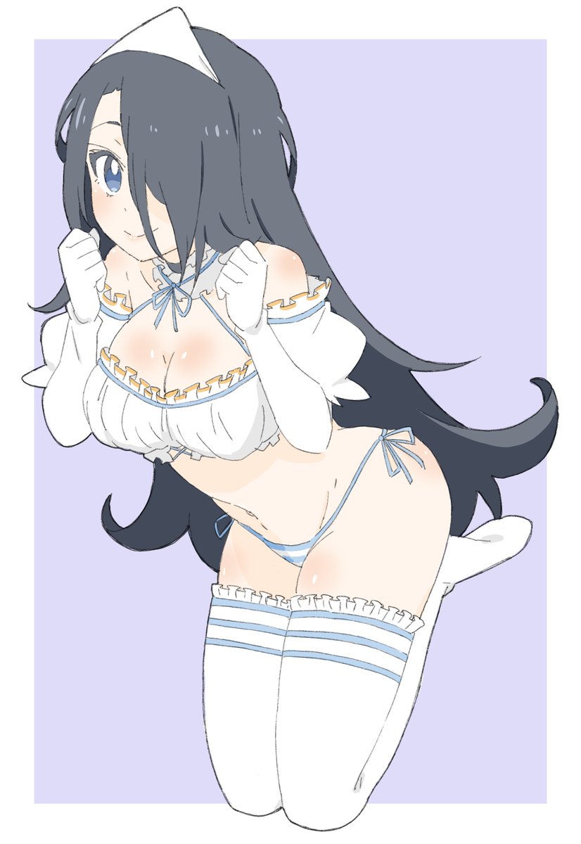 bad_id bad_twitter_id bare_shoulders bikini black_hair blue_bikini blue_eyes blue_neckwear blue_ribbon breasts cleavage closed_mouth criss-cross_halter detached_collar donguri_suzume gloves hair_over_one_eye halterneck hands_up highres long_hair looking_at_viewer neck_ribbon one_eye_covered original puffy_short_sleeves puffy_sleeves purple_background ribbon short_sleeves simple_background smile striped striped_bikini swimsuit thigh-highs triangular_headpiece white_gloves white_legwear