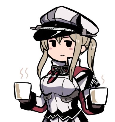 1girl blonde_hair blush capelet coffee_mug commentary_request cup graf_zeppelin_(kantai_collection) hat kantai_collection long_hair looking_at_viewer lowres mug peaked_cap sidelocks simple_background smile solid_eyes solo terrajin twintails upper_body white_background