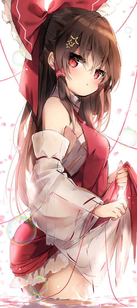 1girl bangs bare_shoulders blush bow breasts brown_hair bubble cherry_blossoms cowboy_shot detached_sleeves expressionless from_side hair_between_eyes hair_bow hair_ornament hair_tubes hakurei_reimu lifted_by_self long_hair petals piyokichi red_bow red_eyes red_skirt red_vest sarashi sidelocks simple_background skirt skirt_lift skirt_set small_breasts soap_bubbles solo star star_hair_ornament touhou vest wading water white_background