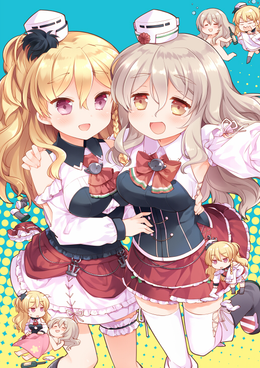 2girls alcohol anchor arm_(artist) ascot bangs bare_shoulders blanket blonde_hair blush bottle bow bowtie braid breasts brown_eyes chibi cleavage_cutout clothes_removed collarbone commentary_request corset detached_sleeves drunk eyebrows_visible_through_hair french_braid garters grey_hair hair_between_eyes hand_on_another's_shoulder hat holding kantai_collection layered_skirt long_hair looking_at_viewer lying medium_breasts mini_hat miniskirt multiple_girls nude open_mouth pola_(kantai_collection) red_eyes red_skirt shirt shoes side_braid skirt standing thigh-highs wavy_hair white_shirt wine wine_bottle zara_(kantai_collection)