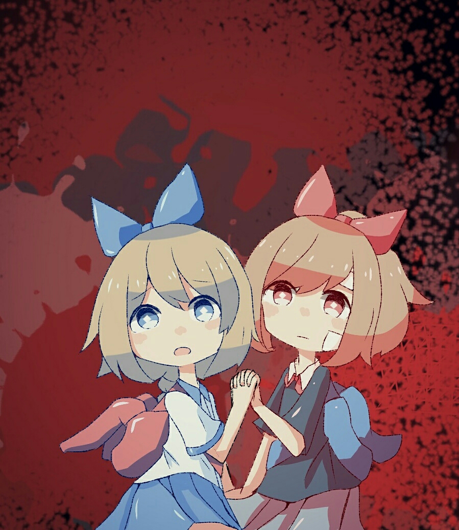 2girls asteroid_(pixiv_id_26958862) bag black_shirt blue_eyes blue_ribbon hair_ribbon hand_holding haru_(yomawari) looking_at_viewer multiple_girls pleated_skirt ponytail red_background red_eyes red_ribbon ribbon scared school_uniform shirt short_hair short_sleeves shoulder_bag skirt white_shirt yomawari yomawari:_midnight_shadows yui_(yomawari)