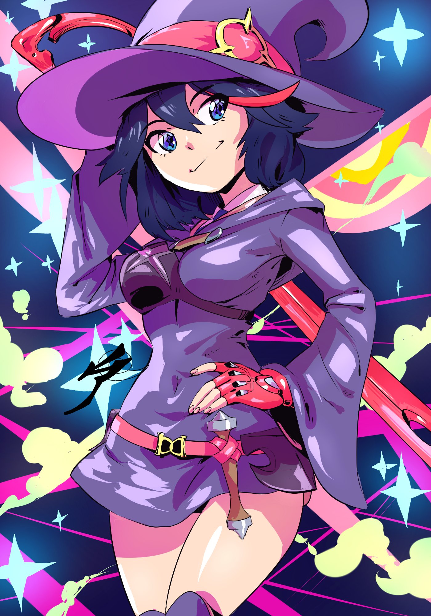1girl aetherion belt black_hair blue_eyes breasts commentary company_connection cosplay covered_navel dress fingerless_gloves gloves hair_between_eyes hand_on_hip hat highres hood hood_down kill_la_kill legs_together light_smile little_witch_academia long_sleeves luna_nova_school_uniform matoi_ryuuko medium_breasts muneate over-kneehighs over_shoulder red_gloves school_uniform scissor_blade senketsu short_dress single_glove solo standing symbol-shaped_pupils thigh-highs thighs trigger_(company) wand weapon weapon_over_shoulder witch_hat