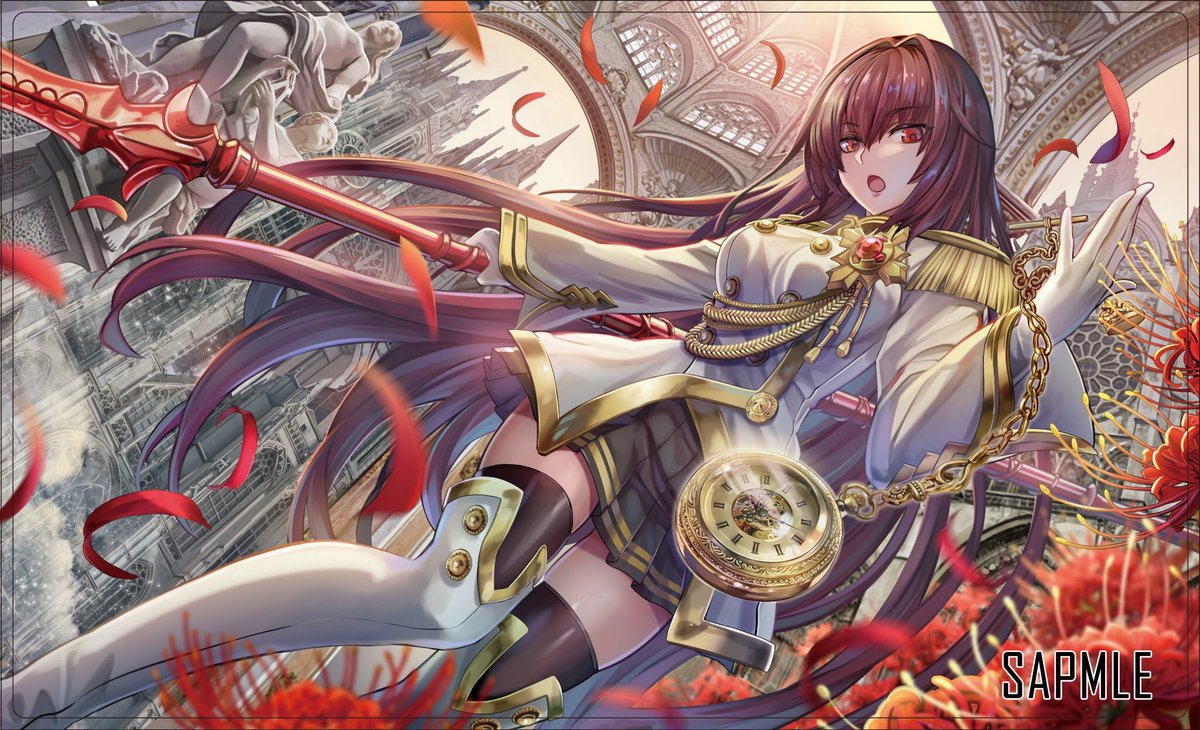 :o arch architecture boots breasts buttons clock clock_tower commentary_request double-breasted epaulettes eyebrows_visible_through_hair fate/grand_order fate_(series) flower gae_bolg gate gloves hair_intakes holding holding_weapon large_breasts long_hair long_sleeves looking_at_viewer military military_uniform open_mouth petals pleated_skirt pocket_watch polearm purple_hair red_eyes sample scathach_(fate)_(all) scathach_(fate/grand_order) skirt spear spider_lily statue thigh-highs thigh_boots torino_akua tower uniform very_long_hair watch weapon white_gloves