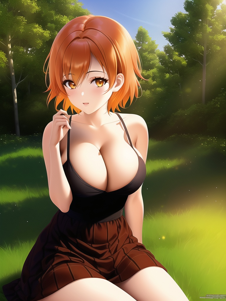 1girl cleavage forest large_breasts looking_at_viewer orange_eyes orange_hair outdoors shmebulock36 short_hair skirt thighs