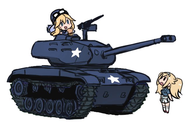 2girls :d blonde_hair blue_eyes chibi commentary_request food gambier_bay_(kantai_collection) goggles goggles_on_head ground_vehicle gun hamburger helmet iowa_(kantai_collection) kantai_collection long_hair m41_walker_bulldog military military_vehicle motor_vehicle multiple_girls open_mouth simple_background smile solid_oval_eyes standing star tank terrajin twintails weapon white_background