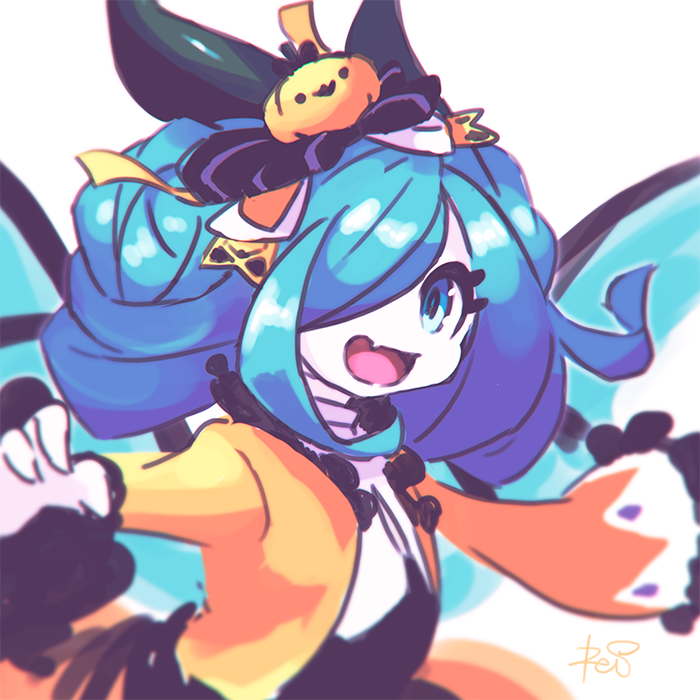 1girl :d black_bow blue_eyes blue_hair blurry blurry_foreground bow commentary_request cygames depth_of_field dragalia_lost eyelashes fang hair_bow hair_over_one_eye halloween halloween_costume jack-o'-lantern jacket long_sleeves looking_at_viewer nintendo one_eye_covered open_mouth orange_jacket reiesu_(reis) signature silke_(dragalia_lost) simple_background smile solo upper_body white_background wings
