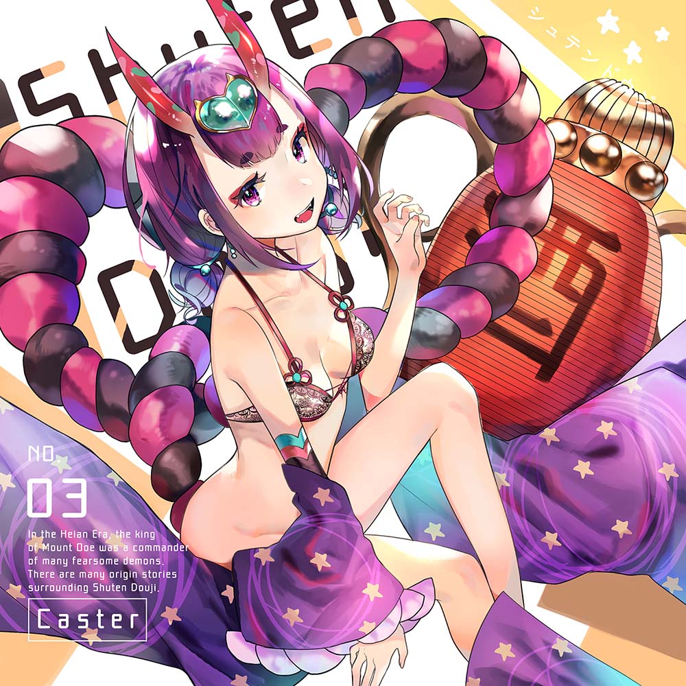 1girl :d bangs bare_shoulders black_bra bra breasts collarbone commentary_request detached_sleeves english eyebrows_visible_through_hair fangs fate/grand_order fate_(series) fingernails hand_up headpiece heart horns long_hair long_sleeves looking_at_viewer low_twintails mao_ge oni oni_horns open_mouth purple_hair purple_sleeves short_eyebrows shuten_douji_(fate/grand_order) sitting sleeves_past_wrists small_breasts smile solo star star_print thick_eyebrows twintails underwear violet_eyes wide_sleeves