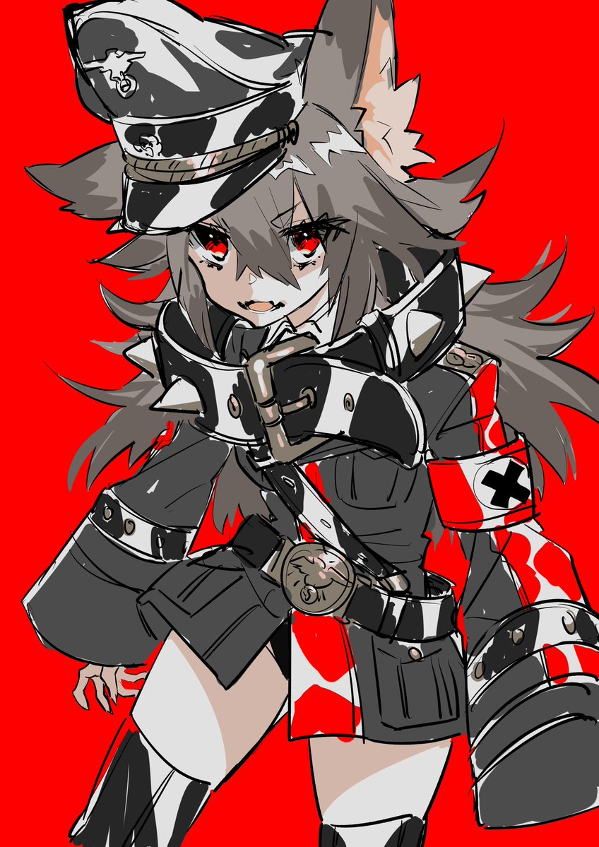 1girl animal_ear_fluff animal_ears bad_id bad_twitter_id bangs belt belt_collar black_legwear crossed_bangs ear_down eyebrows_visible_through_hair fangs grey_hair grey_hat grey_jacket hair_between_eyes hat jacket long_hair long_sleeves looking_at_viewer military military_uniform nazi open_mouth original peaked_cap red_background red_eyes simple_background sketch solo standing thigh-highs uniform westxost_(68monkey)