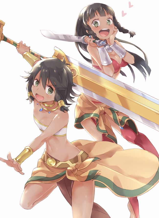 2girls :d black_hair blush bra braid breasts choker cleavage collarbone dungeon_ni_deai_wo_motomeru_no_wa_machigatteiru_darou_ka flat_chest floating_hair green_eyes hair_tubes heart holding holding_sword holding_weapon long_hair looking_at_viewer medium_breasts multiple_girls navel open_mouth oto_(rozeko) outstretched_arms red_bikini_top short_hair sidelocks simple_background skirt smile strapless strapless_bra sword tiona_hyryute tione_hyryute twin_braids underwear weapon white_background white_bra yellow_skirt