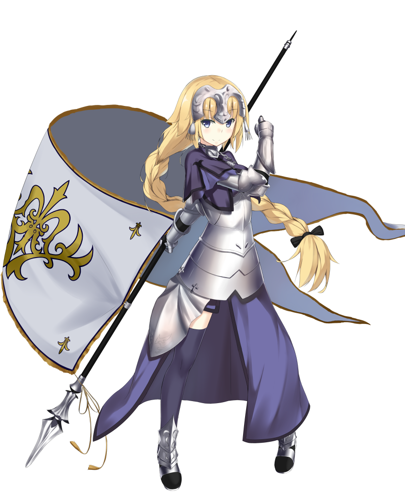 1girl armor armored_dress banner black_bow black_legwear blonde_hair blue_dress blue_eyes bow braid braided_ponytail dress eyebrows_visible_through_hair fate/apocrypha fate_(series) faulds floating_hair full_body gauntlets hair_bow headpiece hg---ay holding jeanne_d'arc_(fate) jeanne_d'arc_(fate)_(all) long_hair looking_at_viewer simple_background single_braid smile solo standing thigh-highs very_long_hair white_background