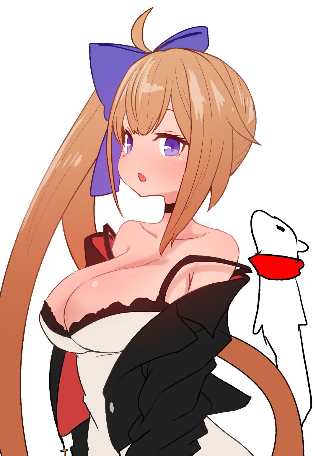 1girl ahoge black_choker black_jacket blush breasts brown_hair camisole choker cleavage commentary_request fal_(girls_frontline) girls_frontline hair_ribbon highres jacket large_breasts long_hair long_sleeves looking_at_viewer open_clothes open_jacket parted_lips purple_ribbon ribbon side_ponytail simple_background solo strap_slip sumiyao_(amam) very_long_hair violet_eyes white_background