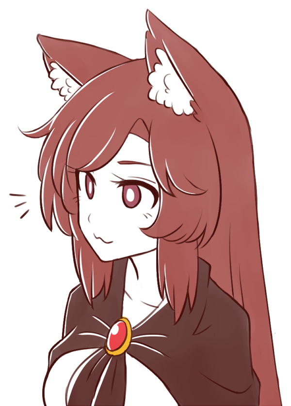 1girl :3 animal_ear_fluff animal_ears bangs breasts brooch brown_eyes brown_hair collarbone commentary dress english_commentary imaizumi_kagerou jewelry long_hair medium_breasts simple_background smile solo swept_bangs touhou upper_body white_background white_dress wolf_ears wool_(miwol)