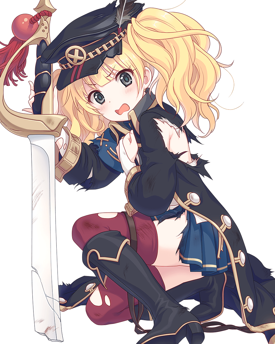 1girl armband blonde_hair blue_eyes blush boots broken broken_weapon collared_coat cutlass hat highres kneeling looking_at_viewer military_hat monica_weisswind official_art open_mouth princess_connect! purple_legwear solo thigh-highs torn_clothes torn_jacket torn_legwear transparent_background twintails weapon