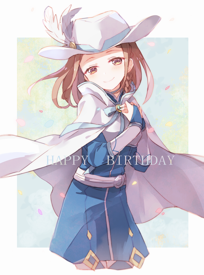 1girl blue_dress braid bridal_gauntlets brown_eyes brown_hair cape cowboy_shot cropped_legs dress floating_hair french_braid happy_birthday hat hat_feather head_tilt long_hair long_sleeves looking_at_viewer oto_(rozeko) petals short_dress single_braid smile solo sword_art_online sword_art_online_the_movie:_ordinal_scale white_cape white_feathers white_hat yuna_(sao)