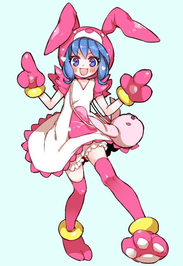 1girl :d animal_costume animal_hood blue_background blue_hair bunny_costume bunny_hood chino_machiko copyright_request dress full_body gloves hood hood_up looking_at_viewer open_mouth paw_gloves paws pink_legwear simple_background smile solo standing thigh-highs violet_eyes white_dress