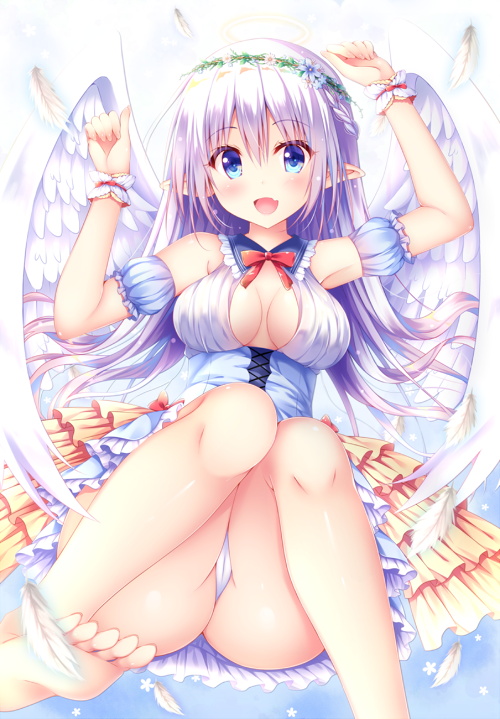 1girl :d angel_wings arms_up bare_shoulders barefoot blue_eyes blush bow breasts cleavage detached_sleeves feathers head_wreath knees_up long_hair medium_breasts open_mouth original panties pantyshot pantyshot_(sitting) pointy_ears puffy_short_sleeves puffy_sleeves purple_hair short_sleeves sitting smile solo suzukawa_yui underwear white_wings wings wrist_cuffs