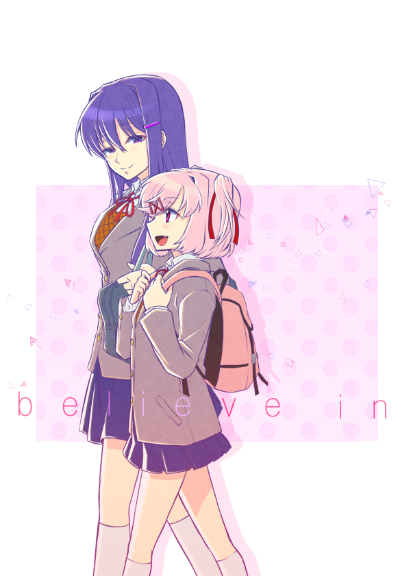 2girls backpack bag blue_eyes blue_hair blush collared_shirt commentary_request cover cover_page doki_doki_literature_club english from_side hair_ornament hair_ribbon hairclip long_hair long_sleeves looking_at_another multiple_girls murai_shinobu natsuki_(doki_doki_literature_club) open_mouth pink_hair profile red_eyes red_ribbon ribbon school_uniform shirt short_hair smile socks white_legwear yuri_(doki_doki_literature_club)