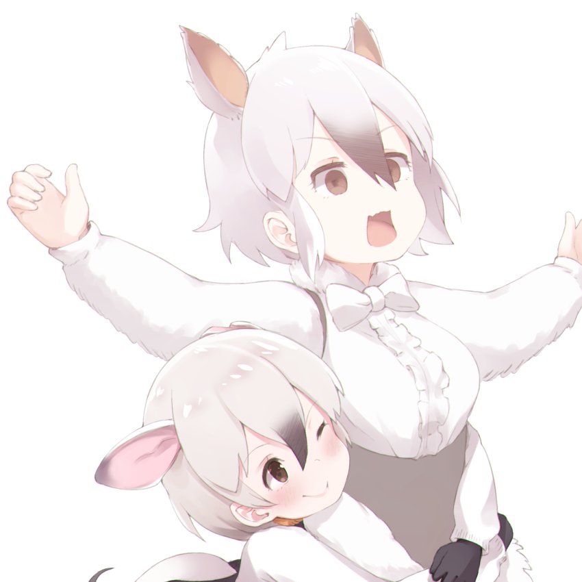 2girls anteater_ears anteater_tail black_hair blush bow bowtie center_frills extra_ears eyebrows_visible_through_hair gloves grey_hair hug hug_from_behind kemono_friends long_sleeves multicolored_hair multiple_girls note_(suzu_note000) one_eye_closed open_mouth outstretched_arms short_hair southern_tamandua_(kemono_friends) southern_tamandua_ex_(kemono_friends) startled white_hair