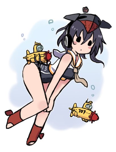 1girl bare_arms bare_legs black_hair blush breastless_clothes bubble commentary_request framed_breasts i-13_(kantai_collection) kantai_collection knees_together_feet_apart looking_at_viewer necktie short_hair solid_circle_eyes submarine submarine_707r swimsuit swimsuit_under_clothes terrajin watercraft