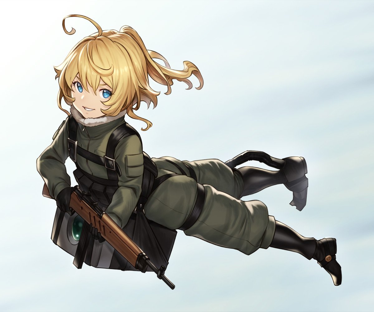 1girl ahoge blonde_hair blue_eyes commentary full_body gun hair_between_eyes holding holding_gun holding_weapon houtengeki long_hair looking_at_viewer military military_uniform rifle simple_background smile solo tanya_degurechaff uniform weapon youjo_senki