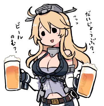 1girl :d ahoge anchor_symbol beer_mug blonde_hair breasts cleavage commentary_request elbow_gloves gloves iowa_(kantai_collection) kantai_collection large_breasts long_hair lowres navel_cutout open_mouth simple_background smile solid_circle_eyes solo terrajin translated upper_body white_background