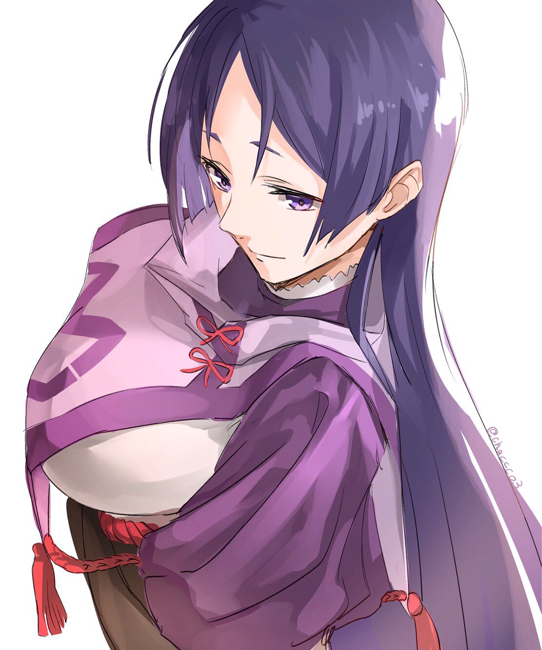 1girl arms_under_breasts bangs bodysuit breasts closed_mouth commentary_request crossed_arms fate/grand_order fate_(series) from_above highres hoshi_rasuku large_breasts long_hair low-tied_long_hair minamoto_no_raikou_(fate/grand_order) parted_bangs purple_bodysuit purple_hair ribbed_sleeves rope tabard very_long_hair violet_eyes