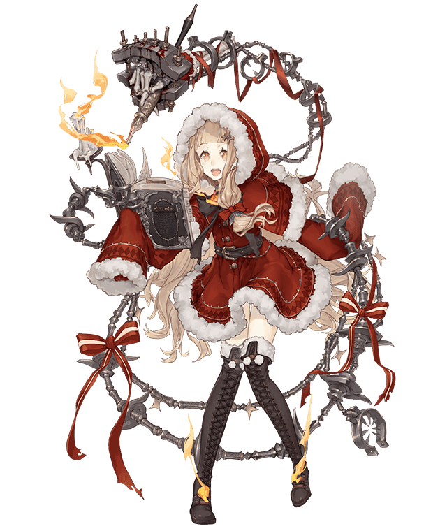 1girl :d belt blonde_hair bone book boots candle capelet chains christmas cross-laced_footwear eyebrows_visible_through_hair full_body fur_trim hair_ornament hairclip hood hood_up ji_no little_red_riding_hood_(sinoalice) long_hair looking_at_viewer official_art open_mouth orange_eyes ribbon sinoalice sleeves_past_wrists smile solo thigh-highs thigh_boots torture_instruments transparent_background upper_teeth very_long_hair