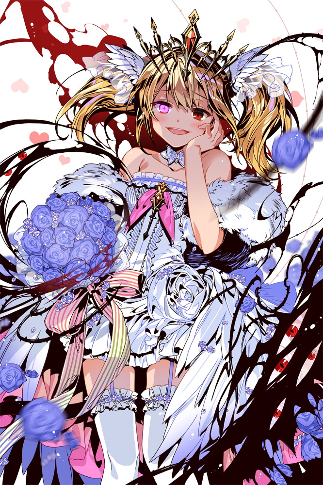 +_+ 1girl :d armpit_crease bangs bare_shoulders blonde_hair blood blue_flower blue_rose blush bouquet collarbone commentary crown detached_collar dress empew flower frilled_dress frills fur_trim garter_straps hair_ornament hand_on_own_cheek hand_up heart heterochromia holding holding_bouquet long_hair looking_at_viewer motion_blur open_mouth plant red_eyes ribbon rose sidelocks smile soccer_spirits solo standing striped striped_ribbon symbol-shaped_pupils thigh-highs thorns twintails upper_teeth vines violet_eyes white_background white_dress white_legwear white_ribbon winged_hair_ornament yandere yeon_(soccer_spirits)