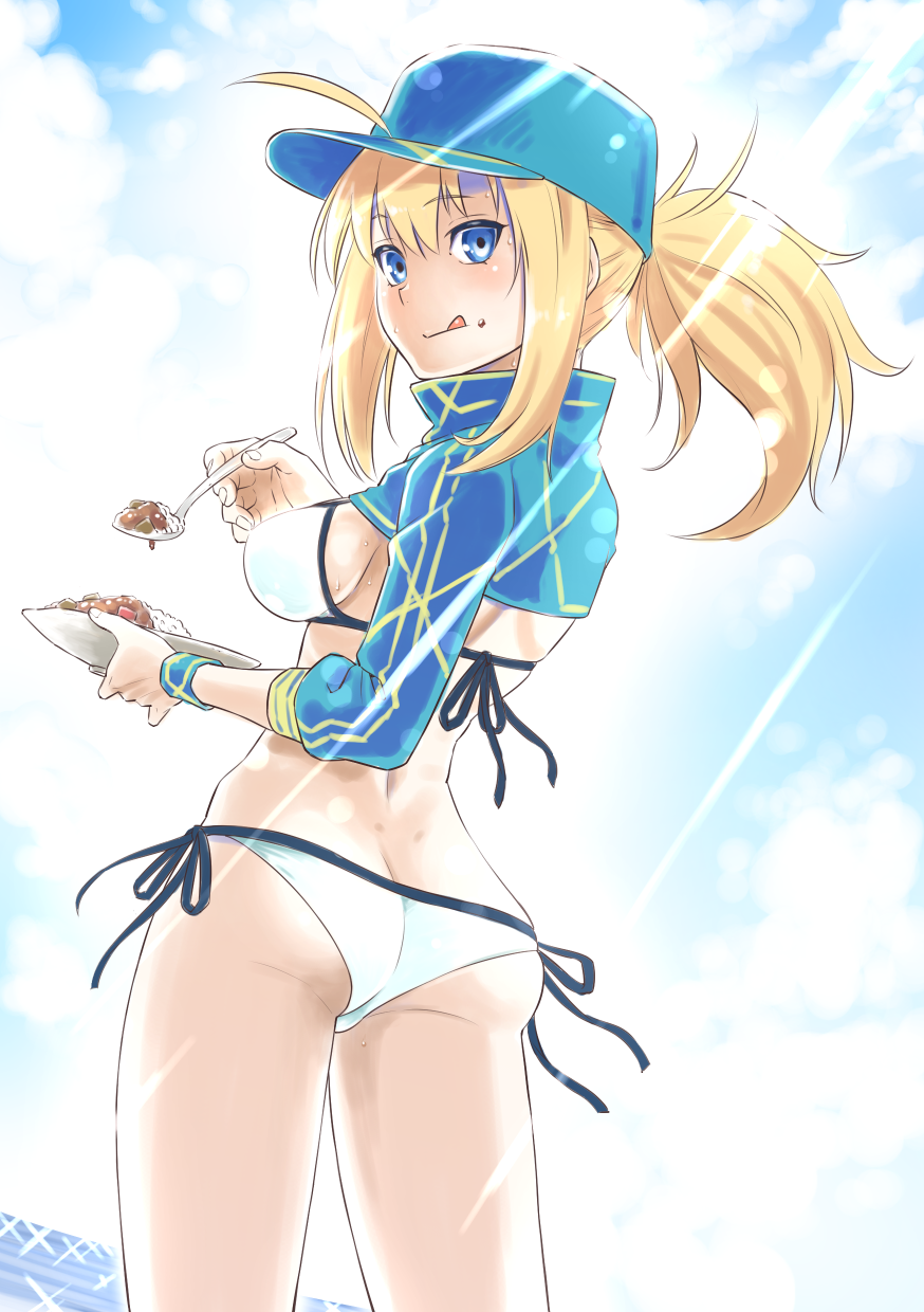 1girl :q ahoge artoria_pendragon_(all) ass baseball_cap bikini blonde_hair blush breasts closed_mouth clouds curry curry_rice day dutch_angle eyebrows_visible_through_hair fate/grand_order fate_(series) food food_on_face from_behind hat highres holding holding_spoon looking_at_viewer looking_back medium_breasts mysterious_heroine_xx_(foreigner) oku_hideki outdoors plate ponytail rice sky solo spoon standing sunlight sweat swimsuit tongue tongue_out water white_bikini