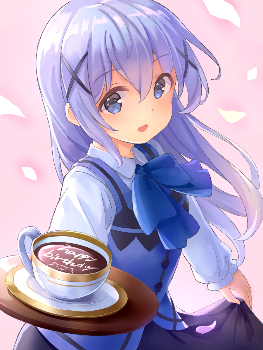 1girl :d blue_eyes blue_neckwear coffee coffee_cup commentary_request cup disposable_cup eyebrows_visible_through_hair gochuumon_wa_usagi_desu_ka? hair_between_eyes hair_ornament happy_birthday highres kafuu_chino latte_art lavender_hair long_hair long_sleeves looking_at_viewer nomio open_mouth petals pink_background plate rabbit_house_uniform simple_background skirt skirt_hold smile solo tray x_hair_ornament