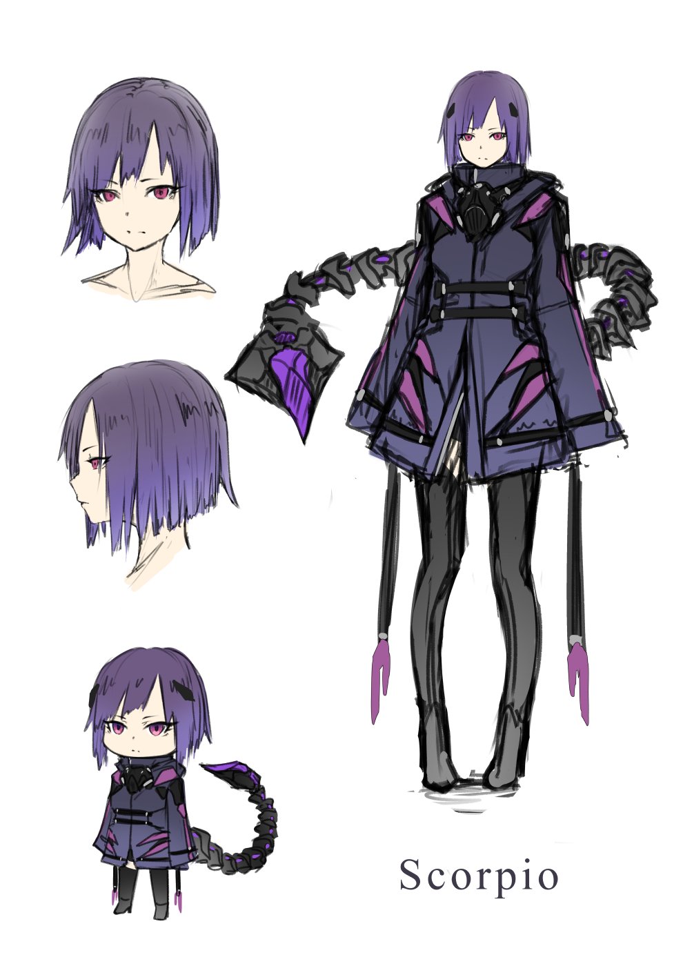 1girl character_name chibi closed_mouth commentary_request grey_legwear highres long_sleeves looking_at_viewer original purple_hair red_eyes short_hair simple_background sketch sleeves_past_wrists solo standing straitjacket sugi_214 tail thigh-highs white_background