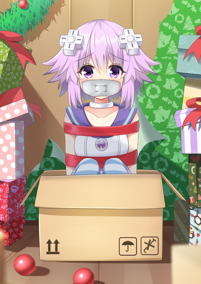 1girl agung_syaeful_anwar blush box choker christmas collarbone d-pad d-pad_hair_ornament gagged gift hair_between_eyes hair_ornament hood hooded_jacket in_box in_container indoors jacket knees_up looking_at_viewer neptune_(choujigen_game_neptune) neptune_(series) purple_hair red_ribbon restrained ribbon short_hair sitting sleeveless_jacket solo striped striped_legwear thigh-highs violet_eyes white_choker