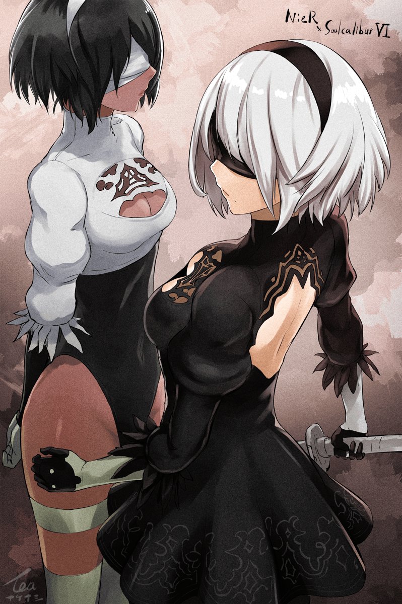 2girls back_cutout black_blindfold black_dress black_hair black_hairband black_leotard blindfold cleavage_cutout covered_eyes dress dual_persona feather-trimmed_sleeves gloves hairband highleg highleg_leotard highres juliet_sleeves katana leotard long_sleeves mole mole_under_mouth multiple_girls nier_(series) nier_automata puffy_sleeves soulcalibur_vi sword tea_(nakenashi) thigh-highs thigh_strap weapon white_blindfold white_hair white_hairband yorha_no._2_type_b