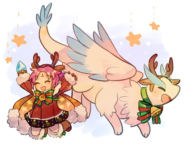 1girl antlers arms_up bell boots bow brown_gloves closed_eyes dragon dress fa facial_mark fire_emblem fire_emblem:_fuuin_no_tsurugi fire_emblem_heroes forehead_mark fur_trim gloves long_sleeves mamkute mimiblargh nintendo open_mouth purple_hair reindeer_antlers short_hair star