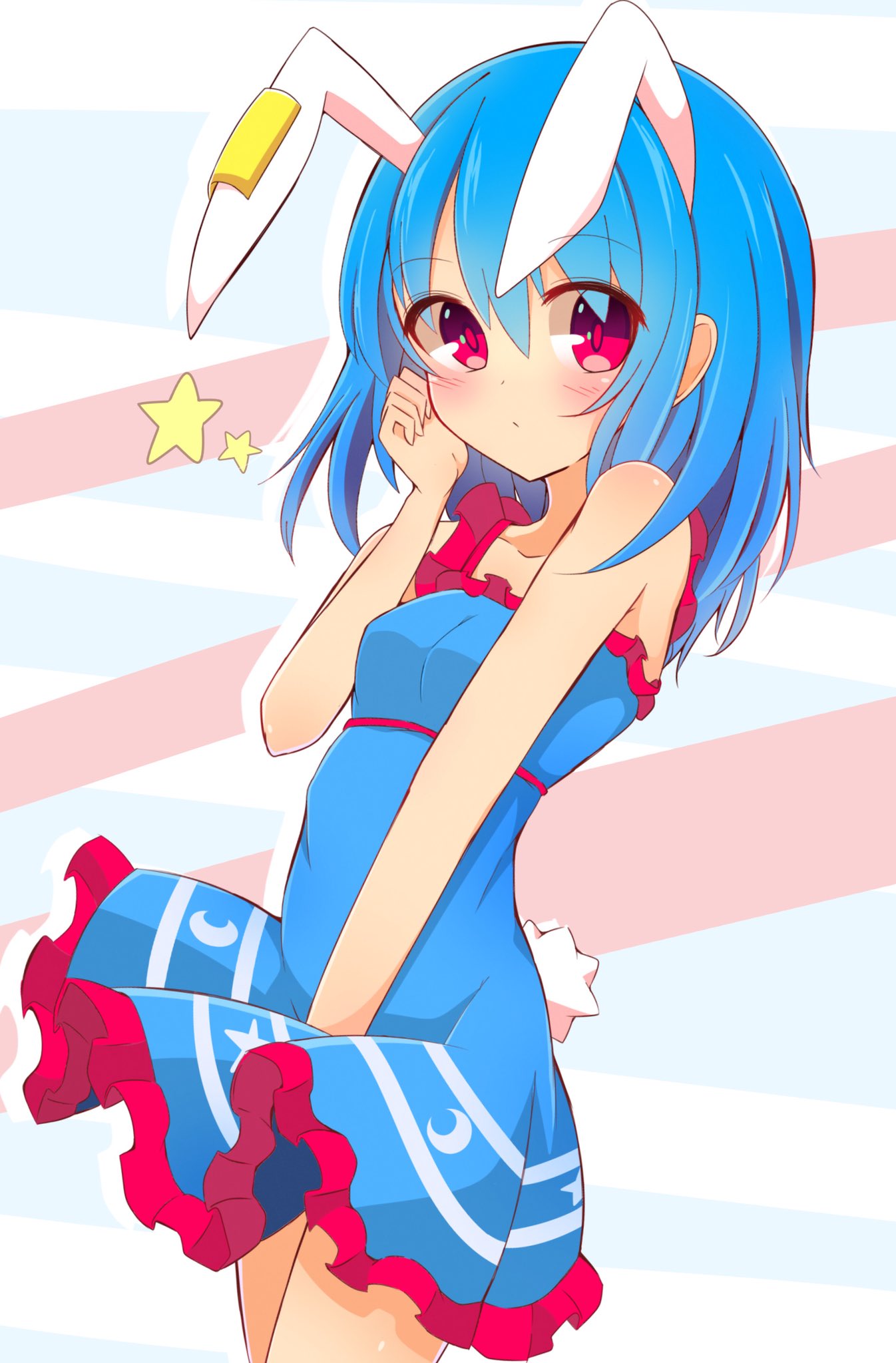 1girl animal_ears blue_dress blue_hair bunny_tail commentary_request dress dress_tug hand_on_own_face highres inon long_hair rabbit_ears red_eyes seiran_(touhou) short_dress solo tail touhou wind wind_lift