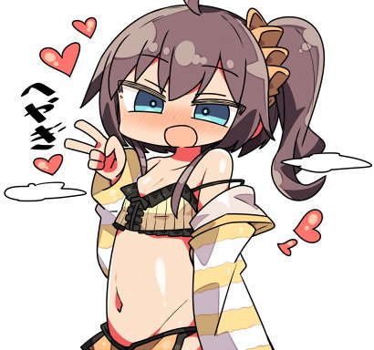 1girl :d ahoge bangs blue_eyes blush breasts brown_hair cleavage commentary_request crop_top eyebrows_visible_through_hair groin hair_between_eyes hair_ornament hair_scrunchie hand_up head_tilt heart kanikama long_hair long_sleeves lowres midriff navel nose_blush off_shoulder open_mouth orange_scrunchie orange_shorts original scrunchie shorts side_ponytail simple_background sleeves_past_wrists small_breasts smile solo strap_slip striped_jacket translated upper_body very_long_hair white_background