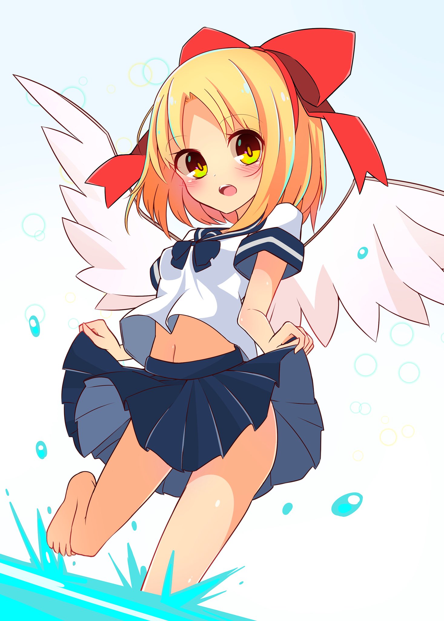 1girl angel_wings barefoot blonde_hair blue_skirt bow brown_eyes check_commentary commentary commentary_request gengetsu hair_bow highres inon lifted_by_self navel open_mouth ribbon school_uniform serafuku shirt short_hair skirt skirt_lift solo splashing toes touhou wading water white_shirt wind wind_lift wings