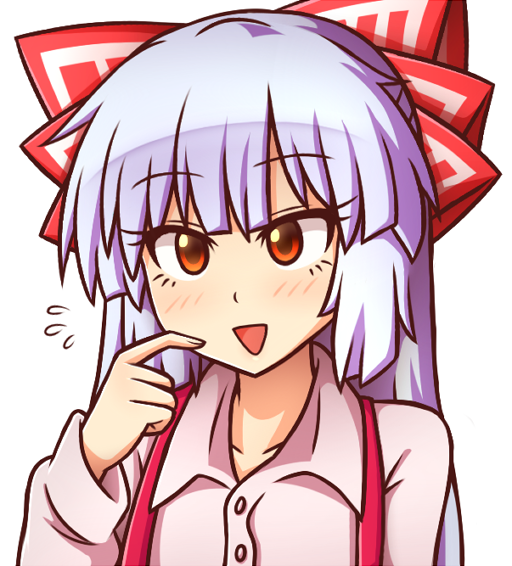 1girl :&gt; :d bangs blush bow collarbone commentary english_commentary eyebrows_visible_through_hair eyelashes flying_sweatdrops fujiwara_no_mokou hair_bow hand_up long_hair long_sleeves looking_at_viewer open_mouth red_eyes shirt silver_hair simple_background smile solo suspenders touhou upper_body white_background white_bow white_shirt wing_collar wool_(miwol)