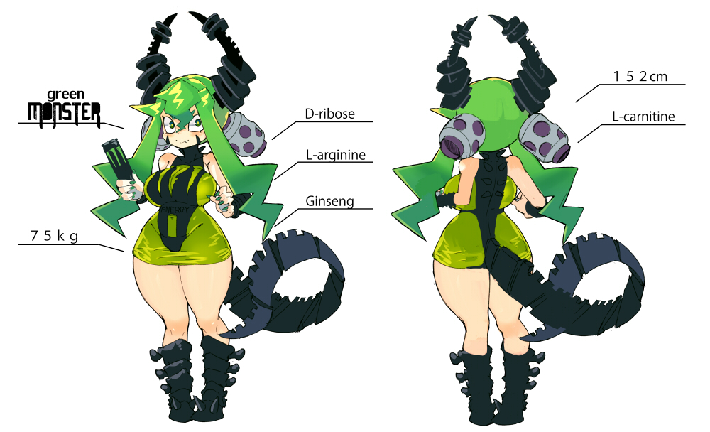 1girl bare_shoulders black_footwear boots breasts bright_pupils dress energy_drink fang_out green_dress green_eyes green_hair height holding horns large_breasts legs_together long_hair looking_at_viewer monster_energy nail_polish original personification sakurai_energy simple_background skin_tight smile standing tail weight white_background