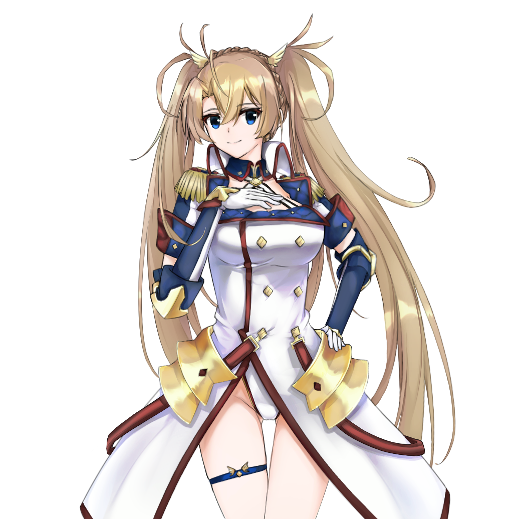 1girl 33yk blonde_hair blue_eyes bradamante_(fate/grand_order) braid breasts closed_mouth coat cowboy_shot crown_braid elbow_gloves epaulettes eyebrows_visible_through_hair fate/grand_order fate_(series) gloves hair_between_eyes hand_on_own_chest leotard long_hair looking_at_viewer military military_uniform sleeve_cuffs smile solo thigh_gap thigh_strap twintails uniform white_background white_leotard