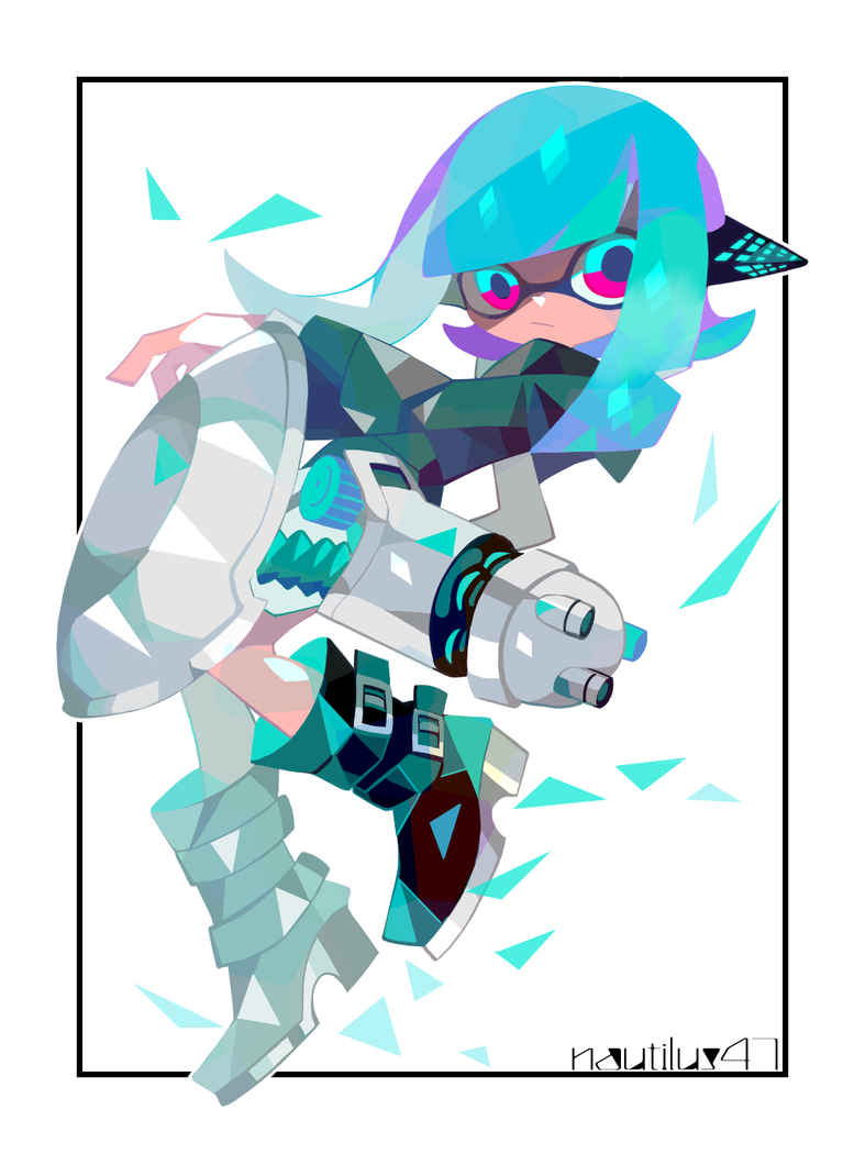 1girl amakusa_(hidorozoa) bangs black_border black_footwear blue_hair blunt_bangs boots border commentary_request domino_mask gun holding holding_gun holding_weapon inkling looking_at_viewer mask solo splatoon splatoon_(series) splatoon_1 violet_eyes weapon white_background