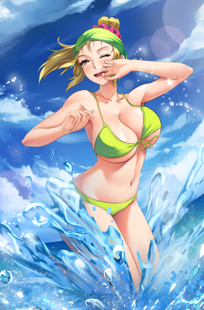 1girl :d bikini blonde_hair blue_sky breasts cleavage clouds collarbone covering_face front-tie_bikini front-tie_top green_bikini hair_ornament hair_scrunchie hands_up large_breasts looking_at_viewer obaoba_(monkeyix) one_eye_closed open_mouth original outdoors pink_scrunchie ponytail scrunchie sky smile solo standing swimsuit upper_teeth wading water yellow_eyes