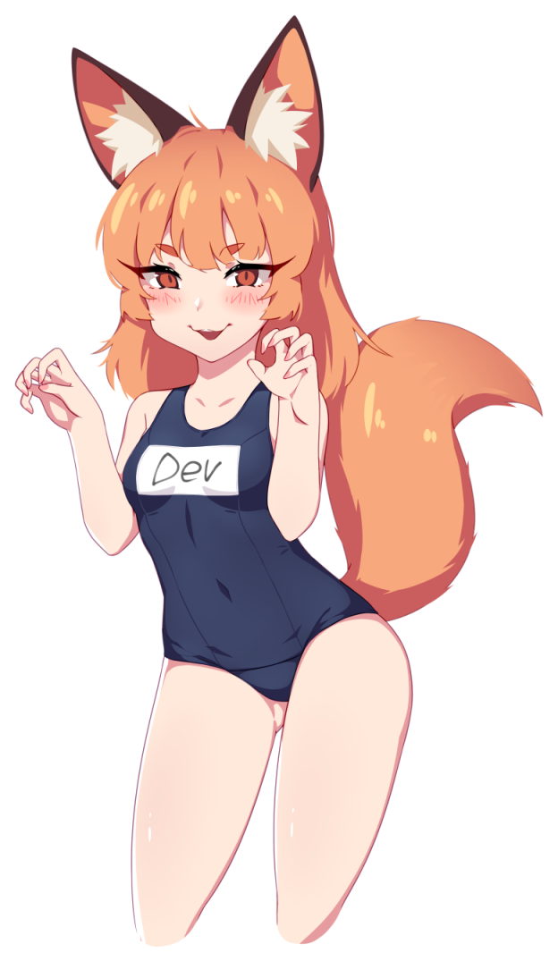 1girl animal_ear_fluff animal_ears artist_name ass_visible_through_thighs bangs bare_arms bare_shoulders blue_swimsuit breasts brown_eyes brown_hair claw_pose collarbone commentary_request cropped_legs dev eyebrows_visible_through_hair fingernails fox_ears fox_girl fox_tail hands_up long_hair nail_polish old_school_swimsuit one-piece_swimsuit original pink_nails school_swimsuit simple_background small_breasts solo swimsuit tail tail_raised thick_eyebrows v-shaped_eyebrows white_background