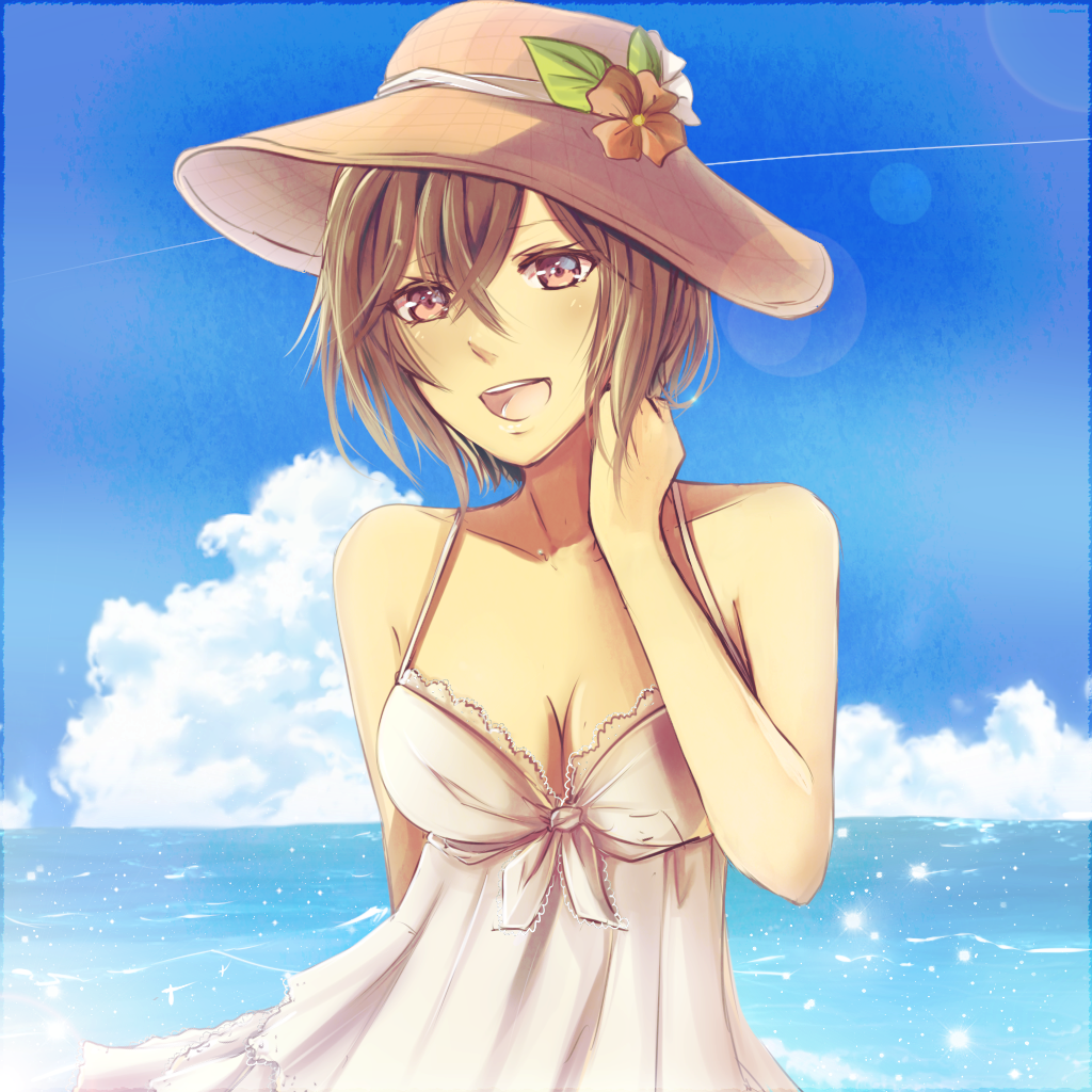 1girl :d arm_behind_back blue_sky breasts brown_eyes brown_flower brown_hat cleavage clouds collarbone dress eyebrows_visible_through_hair flower hair_between_eyes hat hat_flower hat_ribbon lens_flare medium_breasts meiko ocean open_mouth outdoors ribbon short_hair sky sleeveless sleeveless_dress smile solo sun_hat sundress upper_body vocaloid white_dress white_ribbon yen-mi