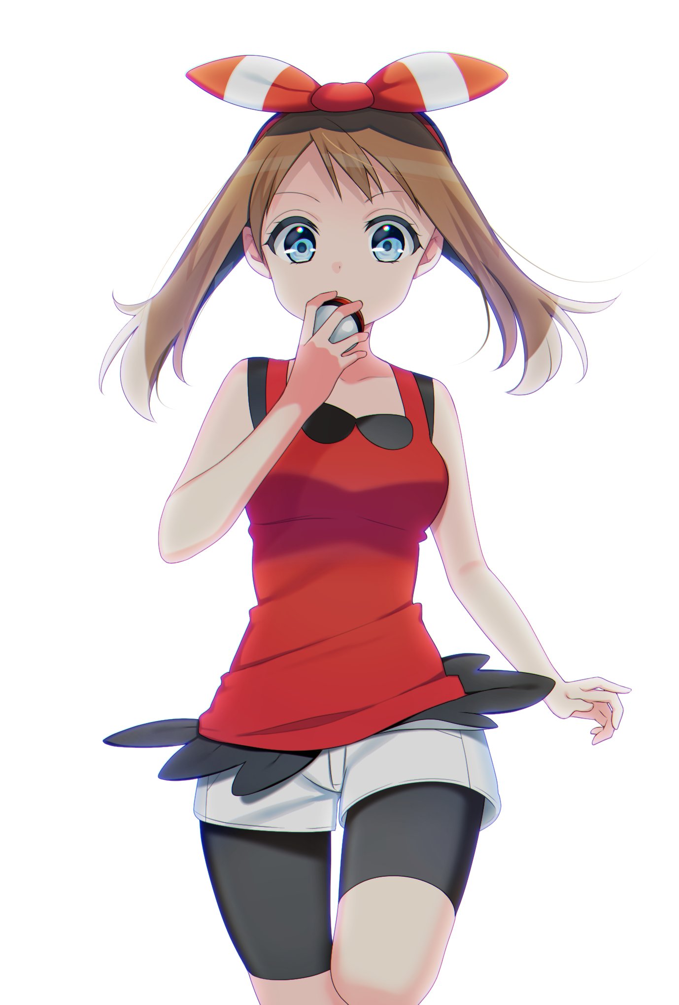 1girl bike_shorts black_shorts blue_eyes bow breasts brown_hair cowboy_shot creatures_(company) game_freak hair_bow hairband haruka_(pokemon) highres holding holding_poke_ball long_hair looking_at_viewer medium_breasts nintendo poke_ball pokemon pokemon_(game) pokemon_oras red_hairband red_shirt shirt short_shorts shorts shorts_under_shorts simple_background sleeveless sleeveless_shirt solo standing striped striped_bow white_background white_shorts yuihiko