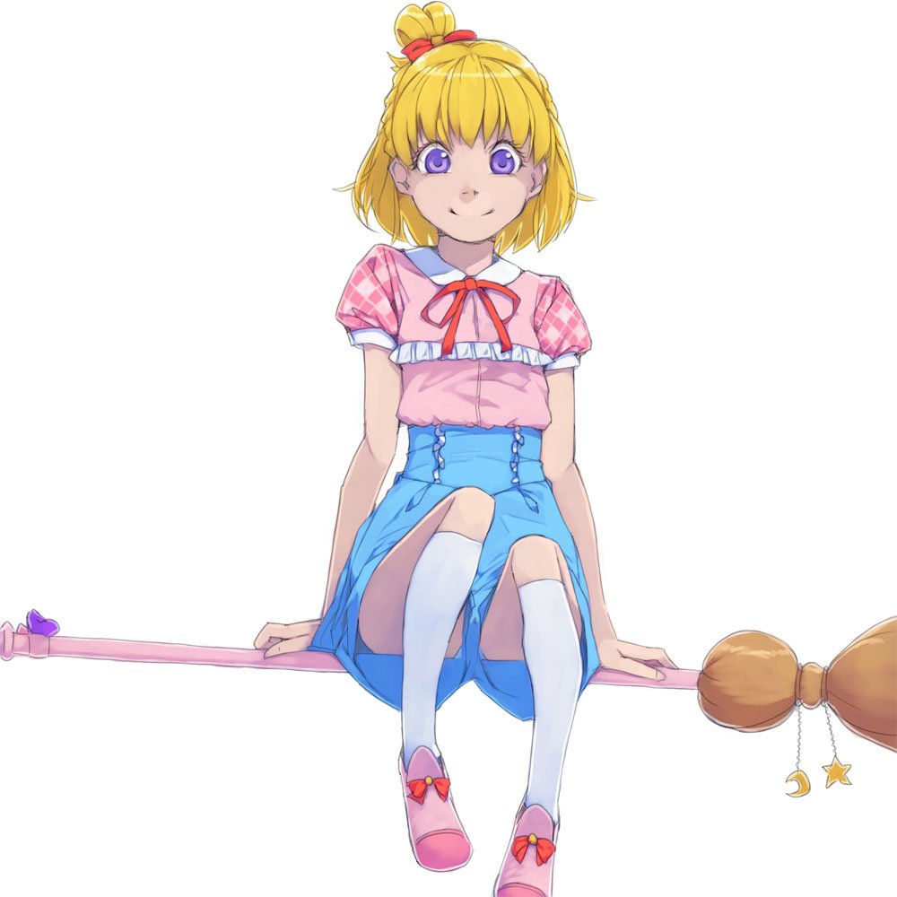 1girl akinbo_(hyouka_fuyou) asahina_mirai bangs blonde_hair blue_shorts bow broom broom_riding hair_bow high-waist_shorts looking_at_viewer mahou_girls_precure! neck_ribbon one_side_up pink_footwear pink_shirt precure red_bow red_ribbon ribbon shiny shiny_hair shirt short_hair short_sleeves shorts simple_background smile solo violet_eyes white_background