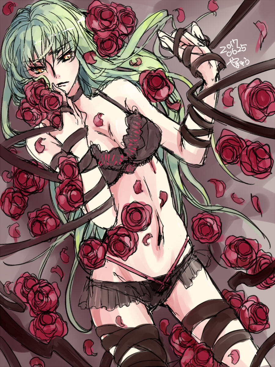 1girl 2017 black_bra black_panties black_ribbon bra breasts c.c. choker cleavage code_geass dated eyebrows_visible_through_hair floating_hair flower frilled_panties frills green_hair groin hair_between_eyes highres long_hair looking_at_viewer medium_breasts navel panties petals red_flower red_rose ribbon roman_buriki rose signature sketch solo thigh_ribbon underwear underwear_only very_long_hair yellow_eyes